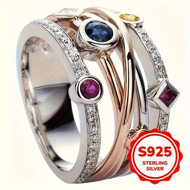 Multi-Layered Two-Tone 925 Sterling Silver Ring with Synthetic Gemstone, Bohemian Style