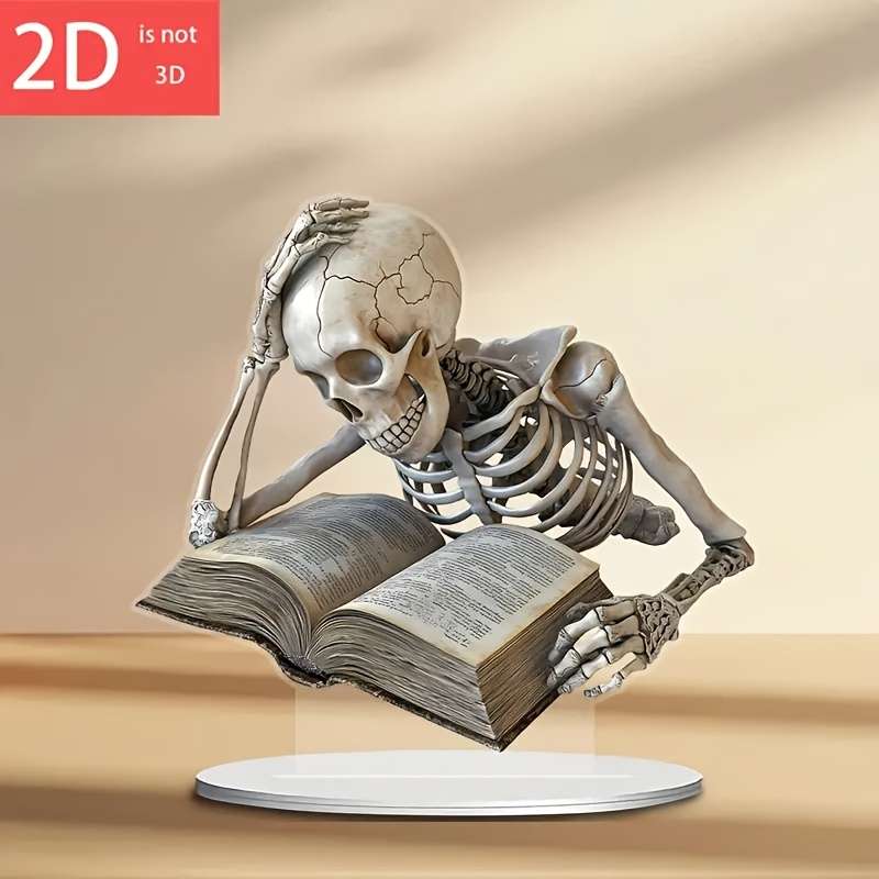 1pc 2D Flat   Acrylic Skeleton Desktop Decoration Classic Style Thoughtful Reading Pose Creat