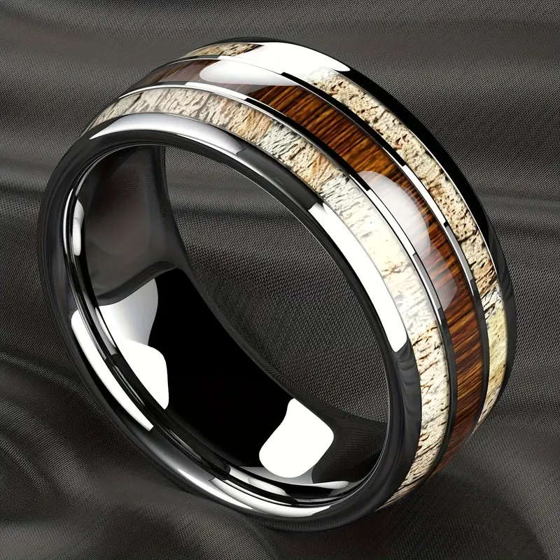 Elegant Men's Stainless Steel Ring with Marble & Wood Inlay