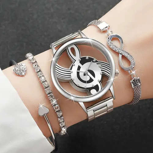 4pcs set Women's Watch Creative Hollow Musical Note Dial Quartz Watch Bracelet Set Does Not Include