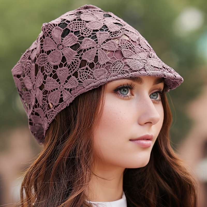 Women's Lightweight Lace Beanie Soft Brimmed Hat with Intricate Floral Patterns Perfect for