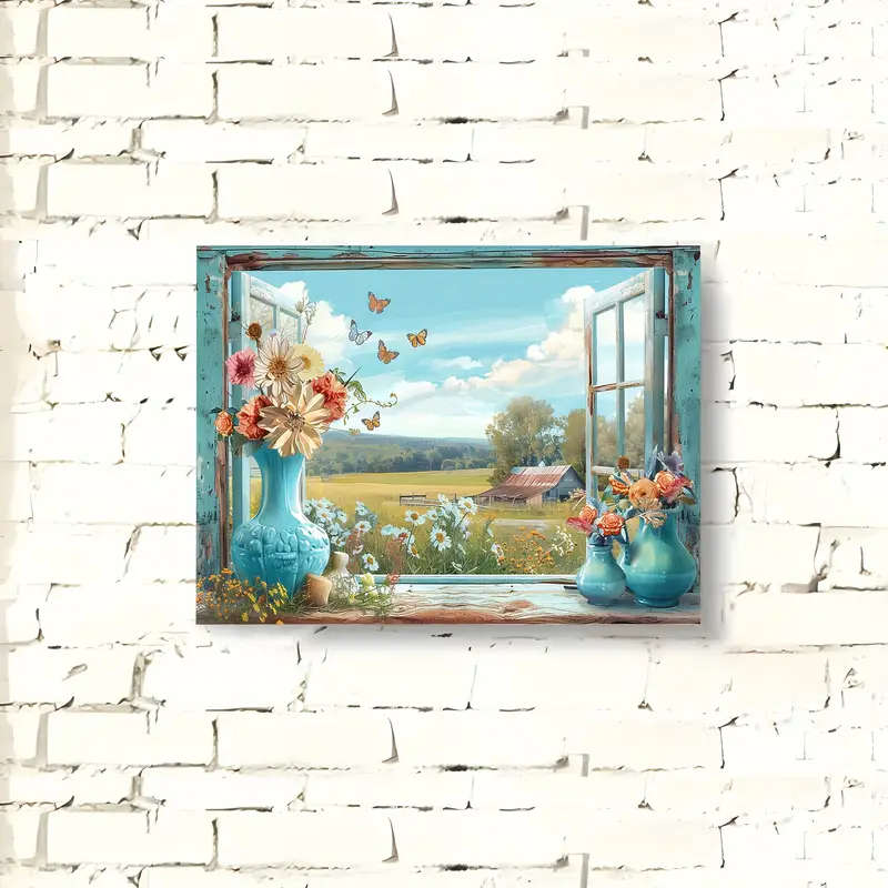 1pc Wooden Framed Canvas Painting Open the window view Wall Art Prints for Living Room Bedroom Kitch