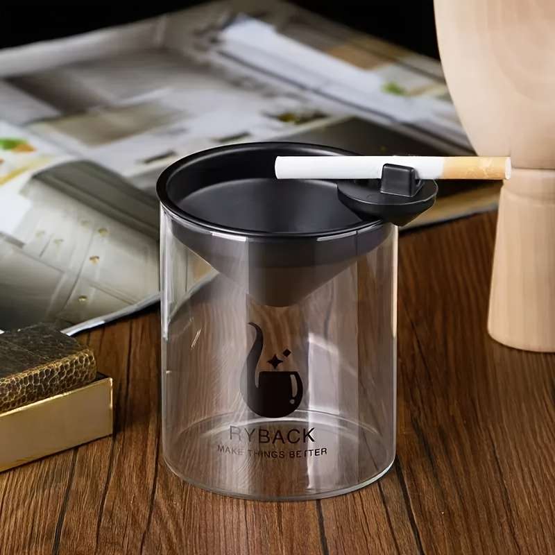 1pc Windproof Glass Ashtray with Lid Creative No-Mess Design High-Temperature Resistant Perfec
