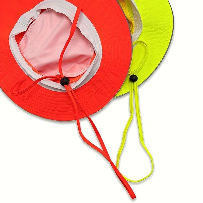 Fluorescent Mesh Bucket Hat With Reflective Strips Windproof Rope Protection Lightweight Su