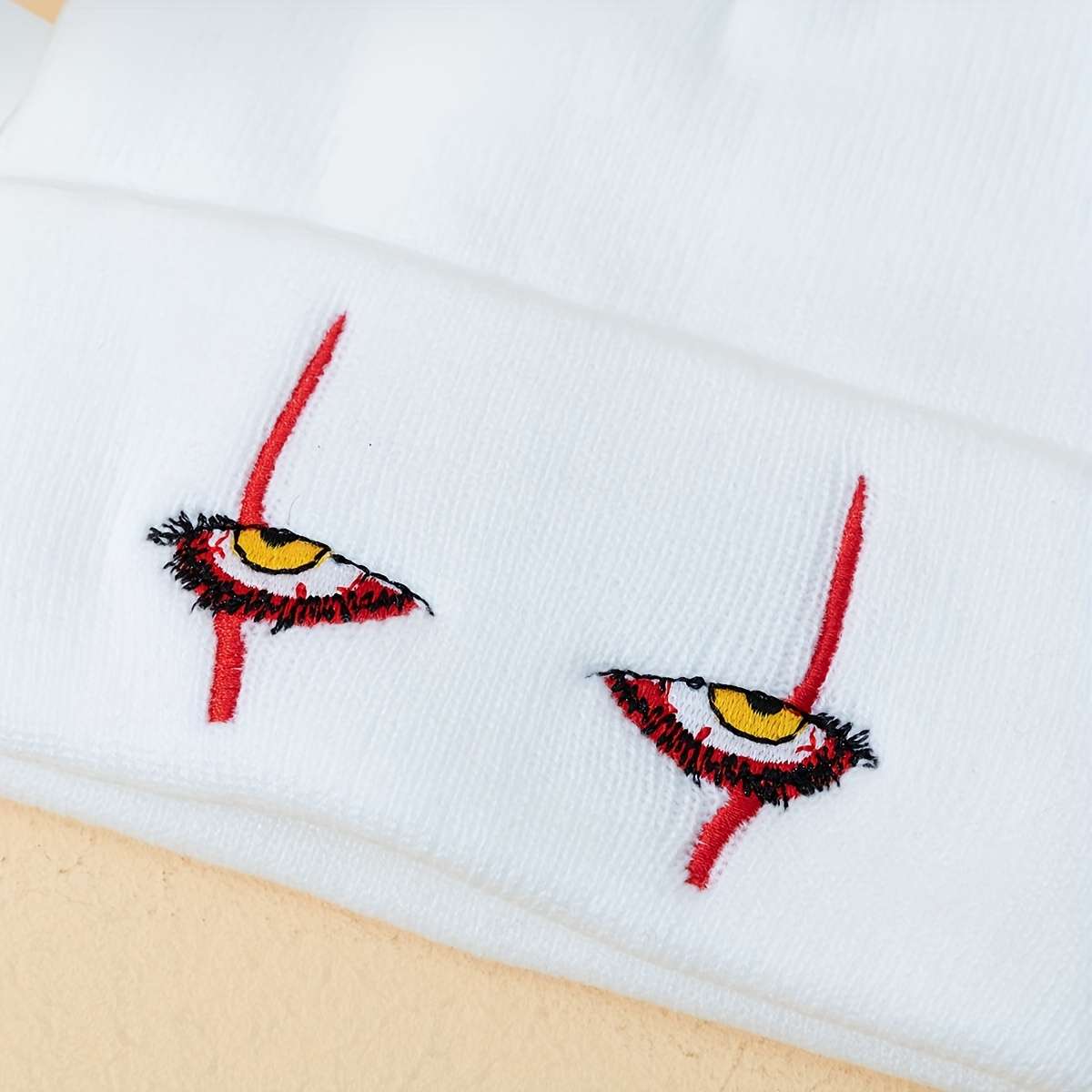 Trendy Devil'S Eye Embroidered Beanie Warm Acrylic Knit Winter Hat Lightweight Elastic Ma