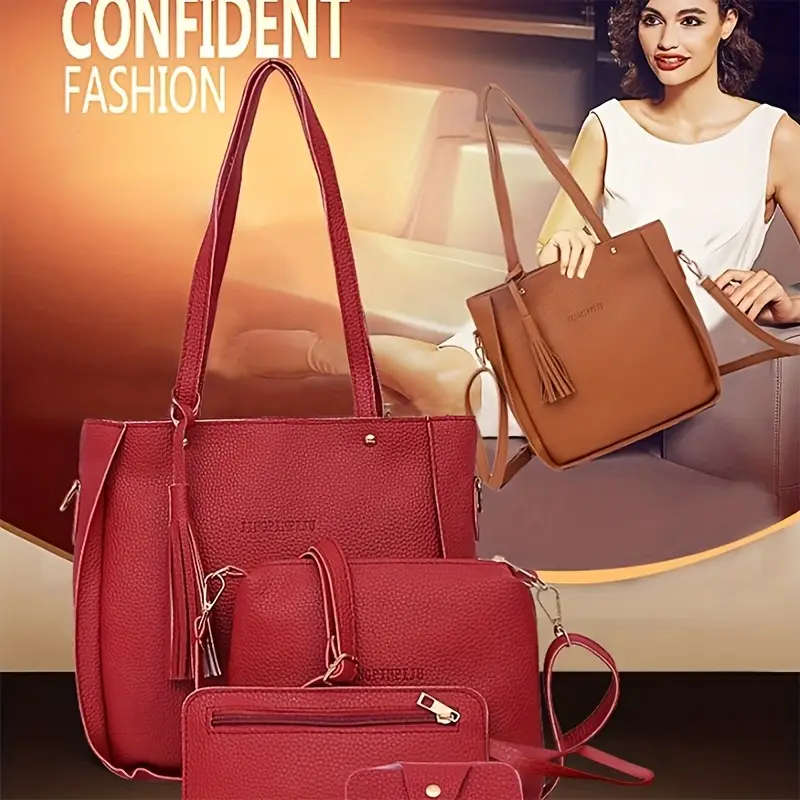 Women's 4-Piece Bag Set: Shoulder Bag, Tote, Crossbody, Wallet Combo