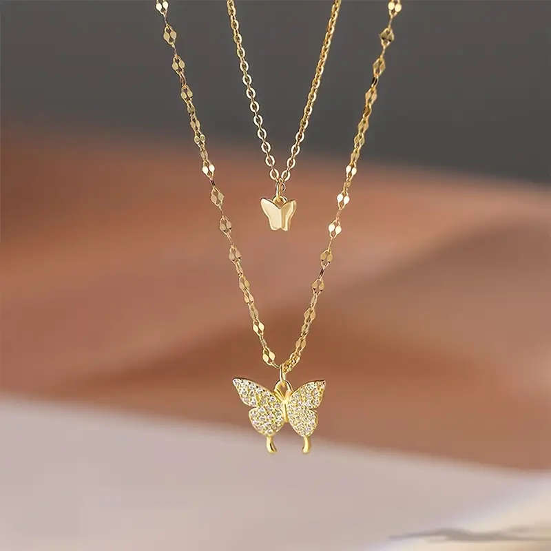 Genuine Stainless Steel Necklace Double-Layer Butterfly