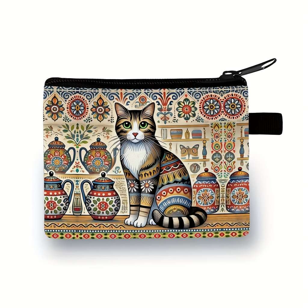 Bohemian Style Cat Print Pouch Vibrant Floral Teapot Design Zipper Closure Polyester Mate