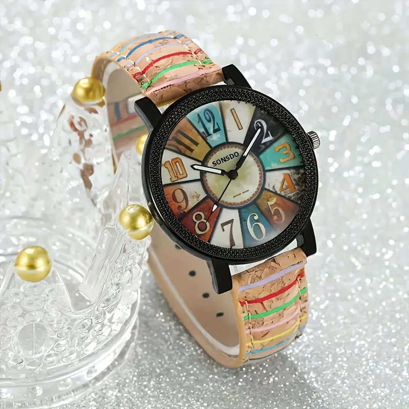1Pc Women'S Wooden Quartz Wrist Watch Fashionable Alloy Case and Faux Leather Band