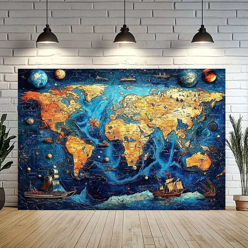 BIG!!! Colorful Relief World Map Printed Banner - Durable Fabric with Vibrant Mixed Colors