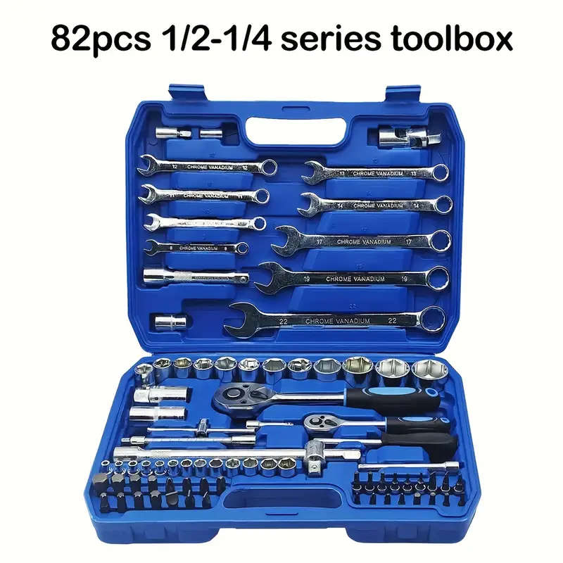 82pcs  Ratchet Wrench and Socket Set, Chrome Vanadium Steel, Multi-Functional Auto Repair Hand Tool