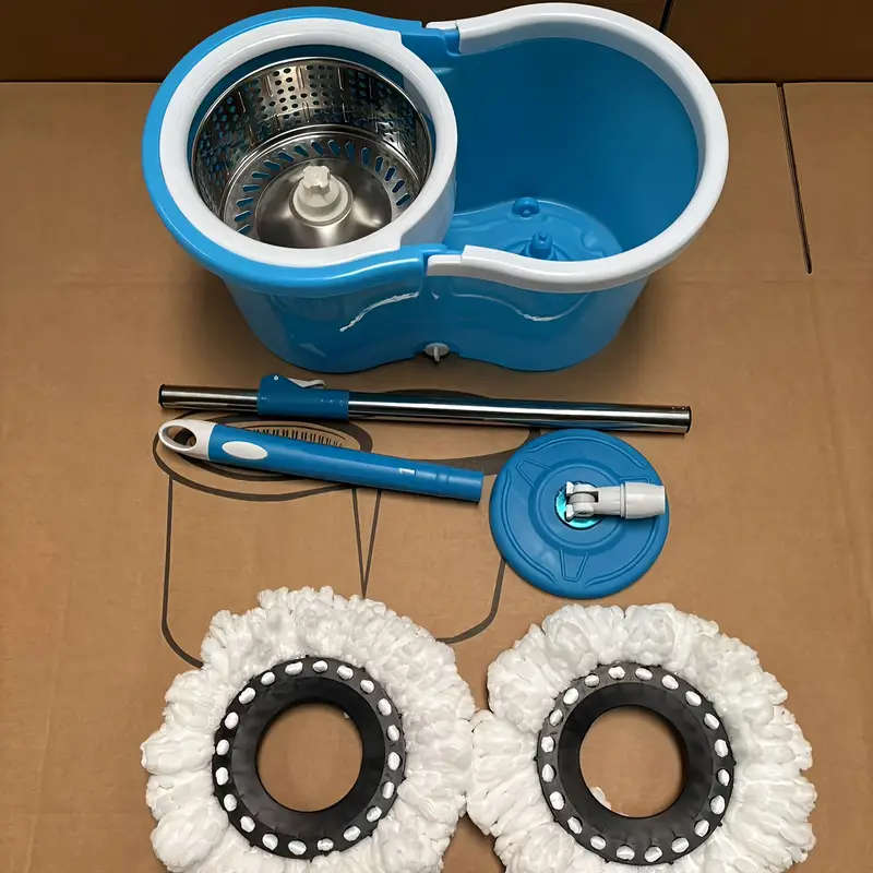360° Rotating Mop Bucket Set with Stainless Steel Extended Handle and Microfiber Replacement Pads -