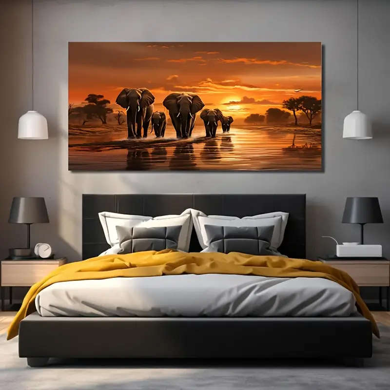 1pc Elephant Family Canvas Art Print 23.6x47.2in 60x120cm Unframed African Wildlife Park Wall Decor