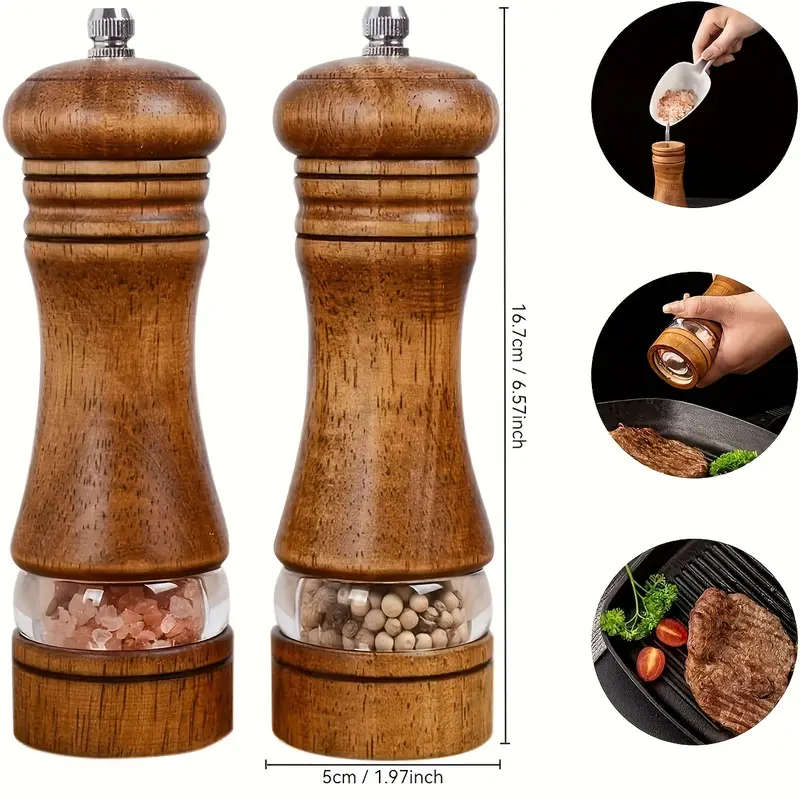 Premium Wooden Manual Pepper & Salt Grinder with Clear Viewing Window