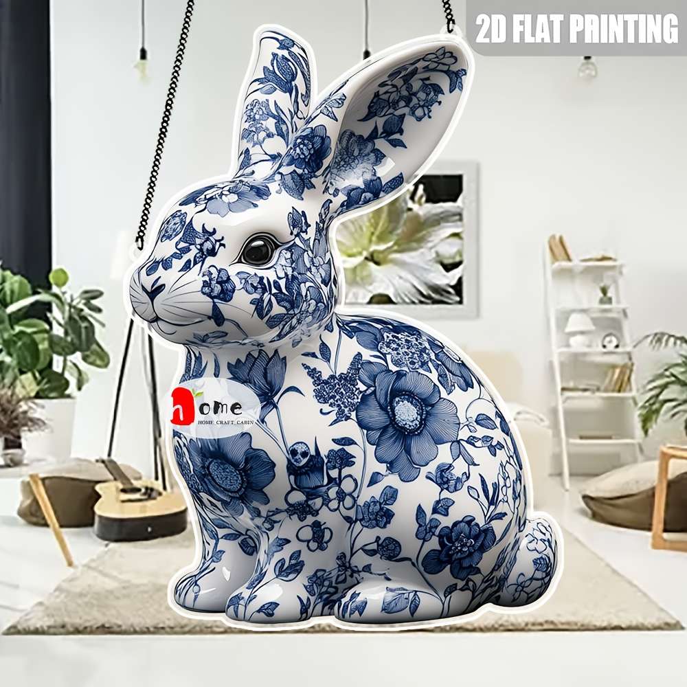 2D Flat Blue and White Porcelain Rabbit Decorative Sign Acrylic Pendant Figuri