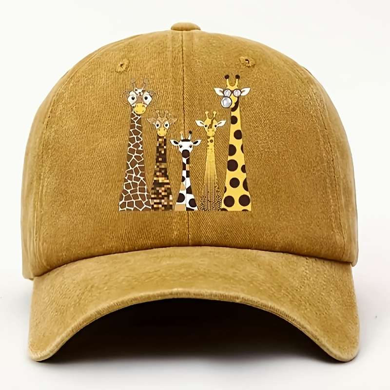 Unisex Cotton Baseball Cap With Cartoon Giraffe Print Adjustable Washed Sun Hat Lightweig