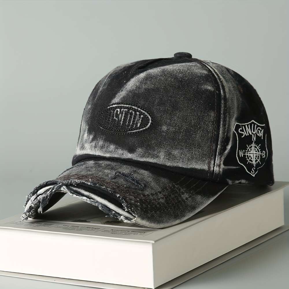 Vintage Washed Denim Baseball Cap With Boston Embroidery Lightweight Soft Top Wide Brim