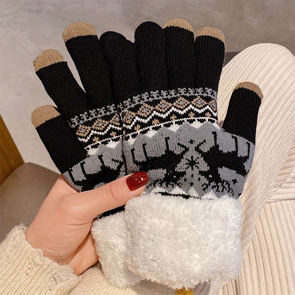 1 Pair Double Layer Plus Velvet Thickened Fawn Black Warm Gloves