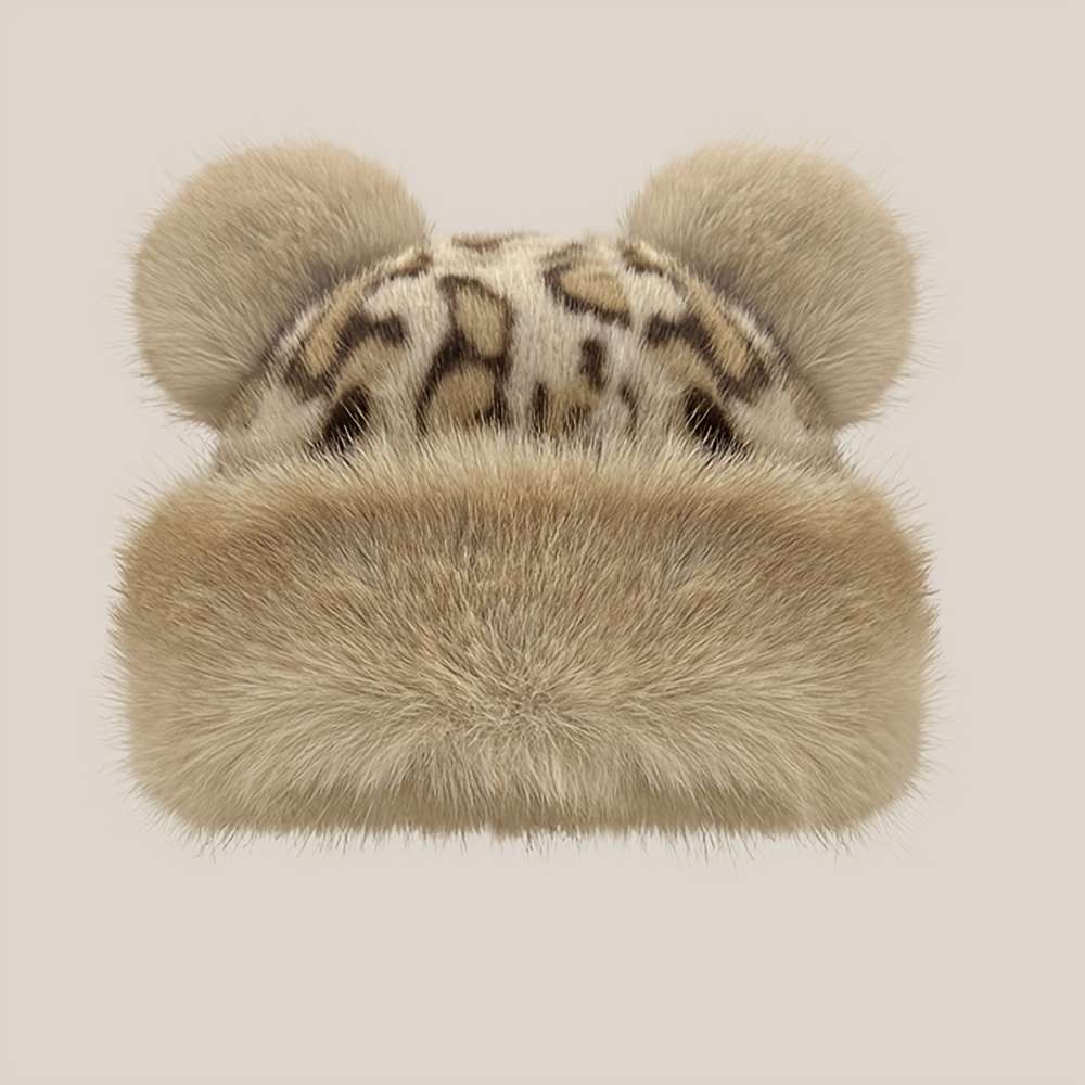 Thick Breathable Faux Fur Leopard Print Beanie With Bear Ears Chic Plush Hat