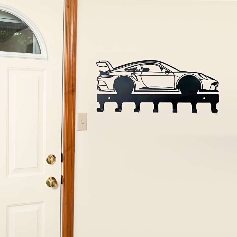Black Metal Car Key Holder with 4 HooksStylish Sports Car Design for Keys Coats Towels Hats a