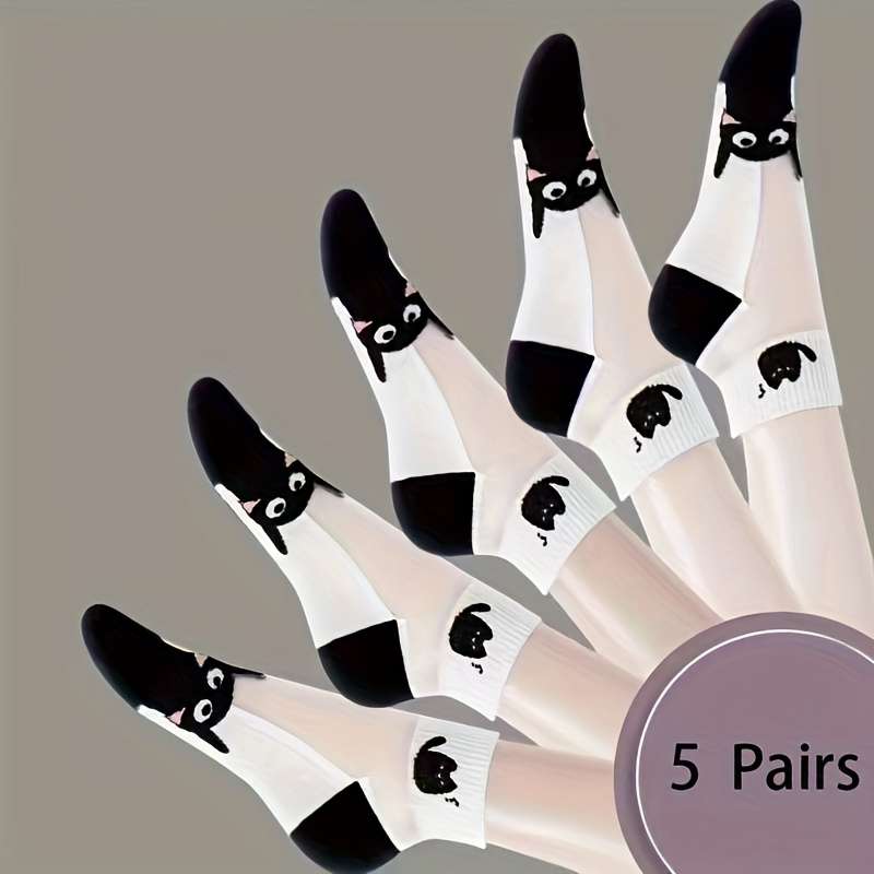 5 Pairs Black And White Cat A One Size High Elastic Socks
