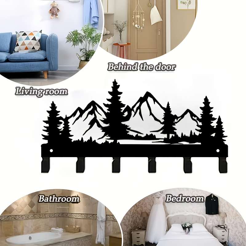 Rustic Forest Metal Key Holder Wall Mount Stylish Mountain  Pine Tree Design with 6 Hooks for Key