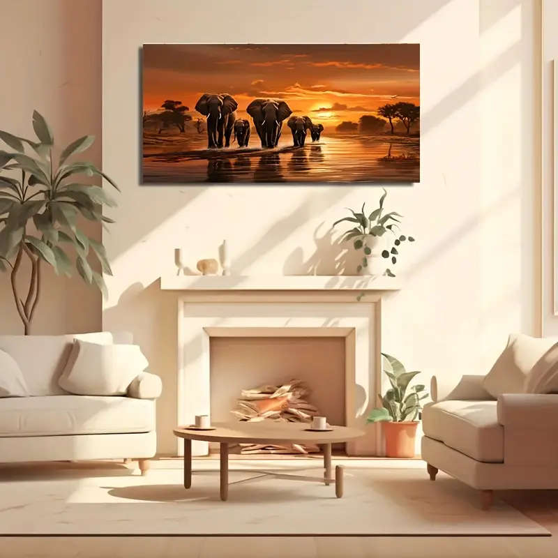 1pc Elephant Family Canvas Art Print 23.6x47.2in 60x120cm Unframed African Wildlife Park Wall Decor