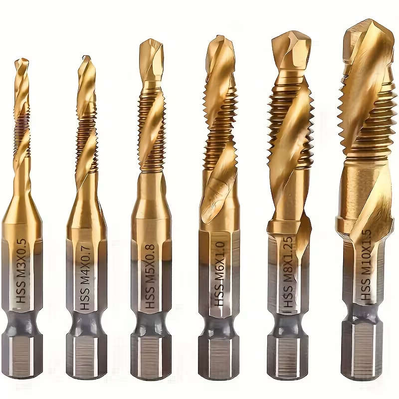 6pcs Titanium Coated HSS Drill Bit Set - Metric Thread M3-M10