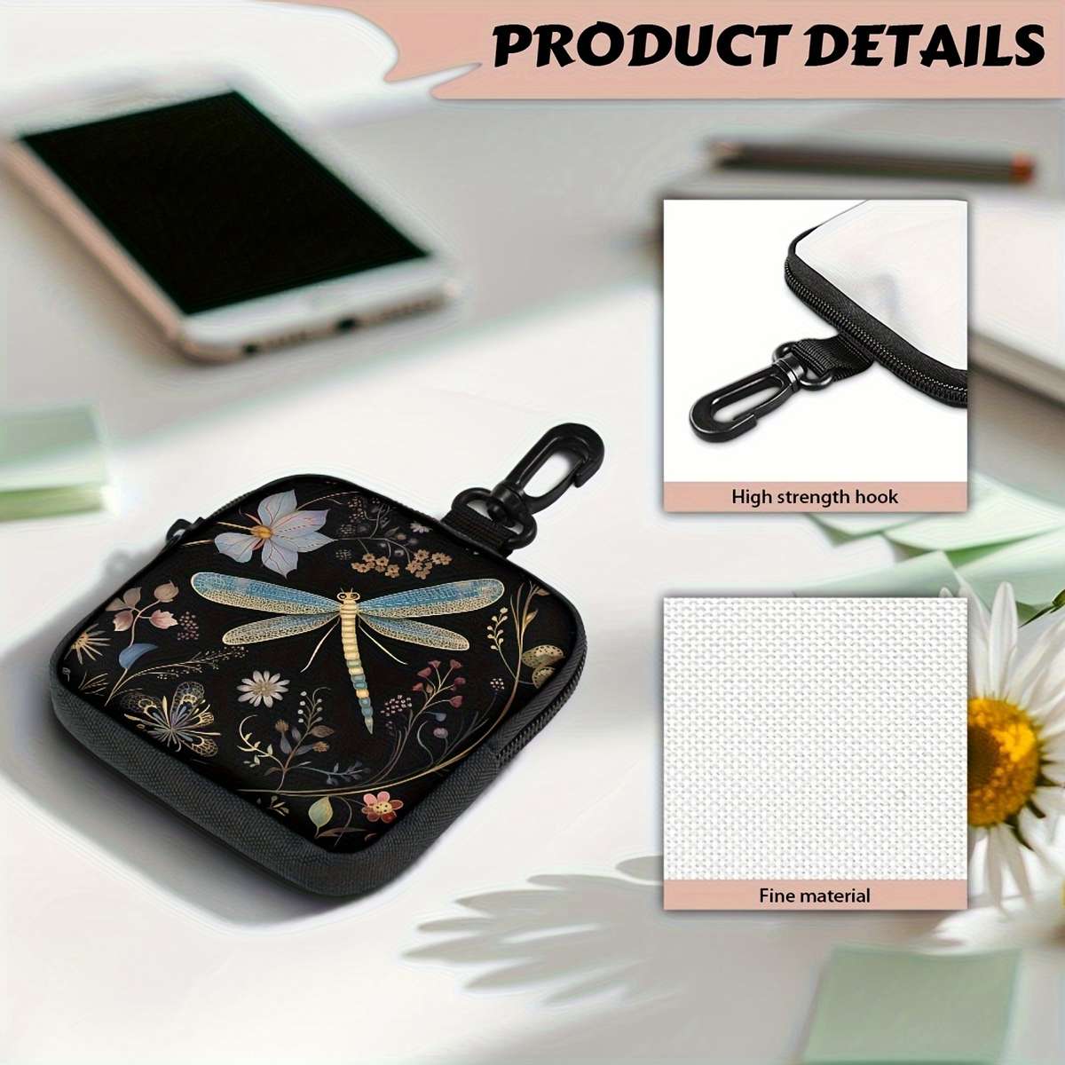 Multi-Pocket Zippered Wallet Coin Purse Chic Floral Dragonfly Print Hanging Purse With Key