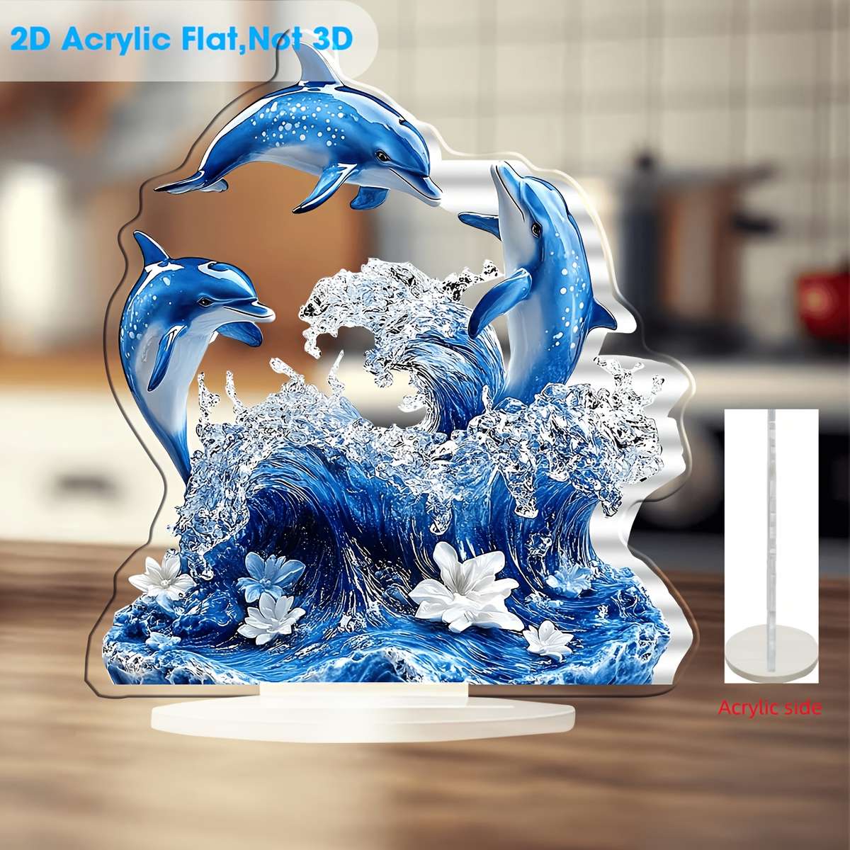 2D Flat Printing Blue Three Dolphins Acrylic Display Sign Cafe Bedroom Living Ro