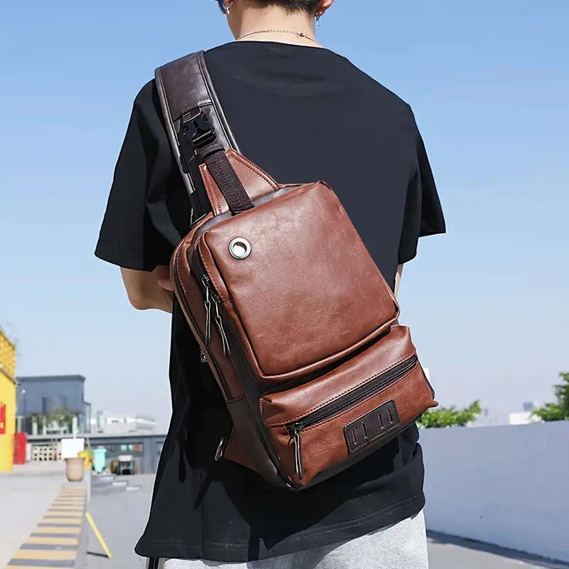 Men's Large Capacity Chest Backpack Retro Multi-layer Slant Shoulder Bag With Earphone Cables Hole