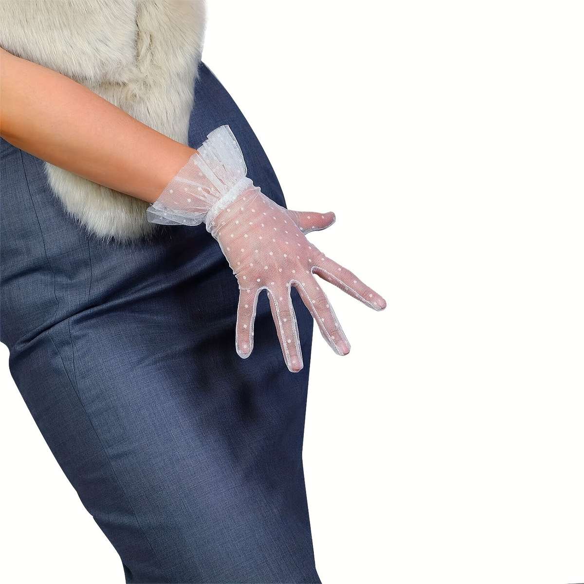 1 Pair Black Dots Black And White Lace Gloves