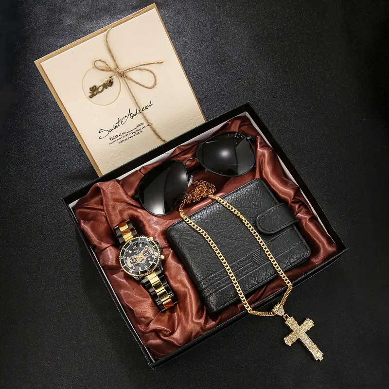 5pcs Men's Fashion Gift Set Stylish Glasses Wallet Watch Necklace Greeting Card Perfect Birthday Pre