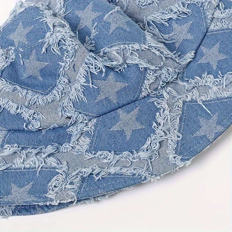 1pc Distressed Star-Patterned Denim Bucket Hat Foldable Sun-Protective Outdoor Cap for Men Wom