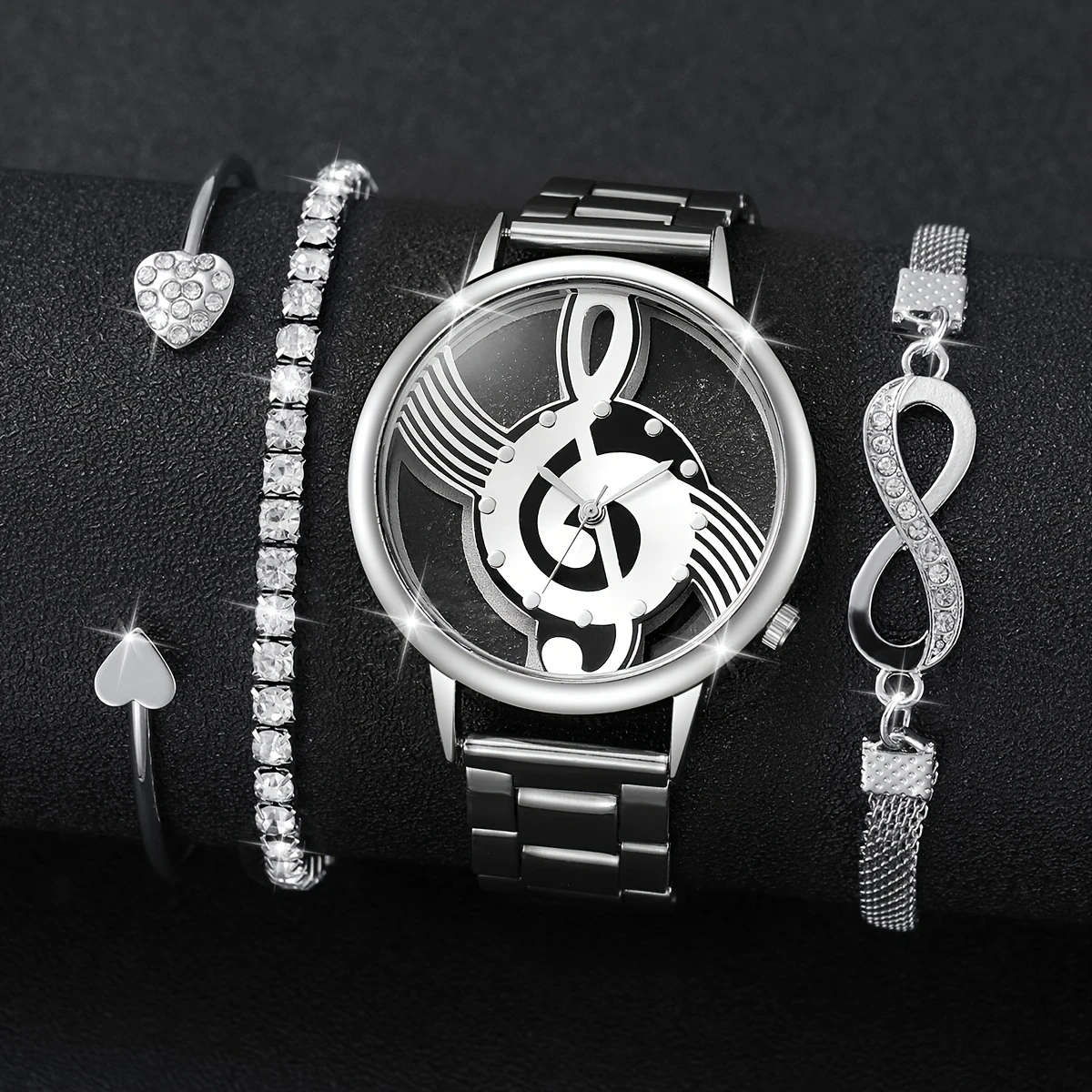 4pcs set Women's Watch Creative Hollow Musical Note Dial Quartz Watch Bracelet Set Does Not Include