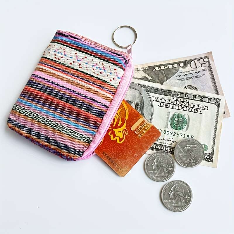 1pc Boho-Chic Retro Striped Canvas Zipper Wallet Lightweight Clutch with Coin Pocket Multifuncti