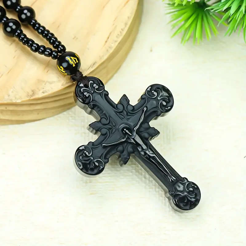 Natural Obsidian Cross Pendant Necklace