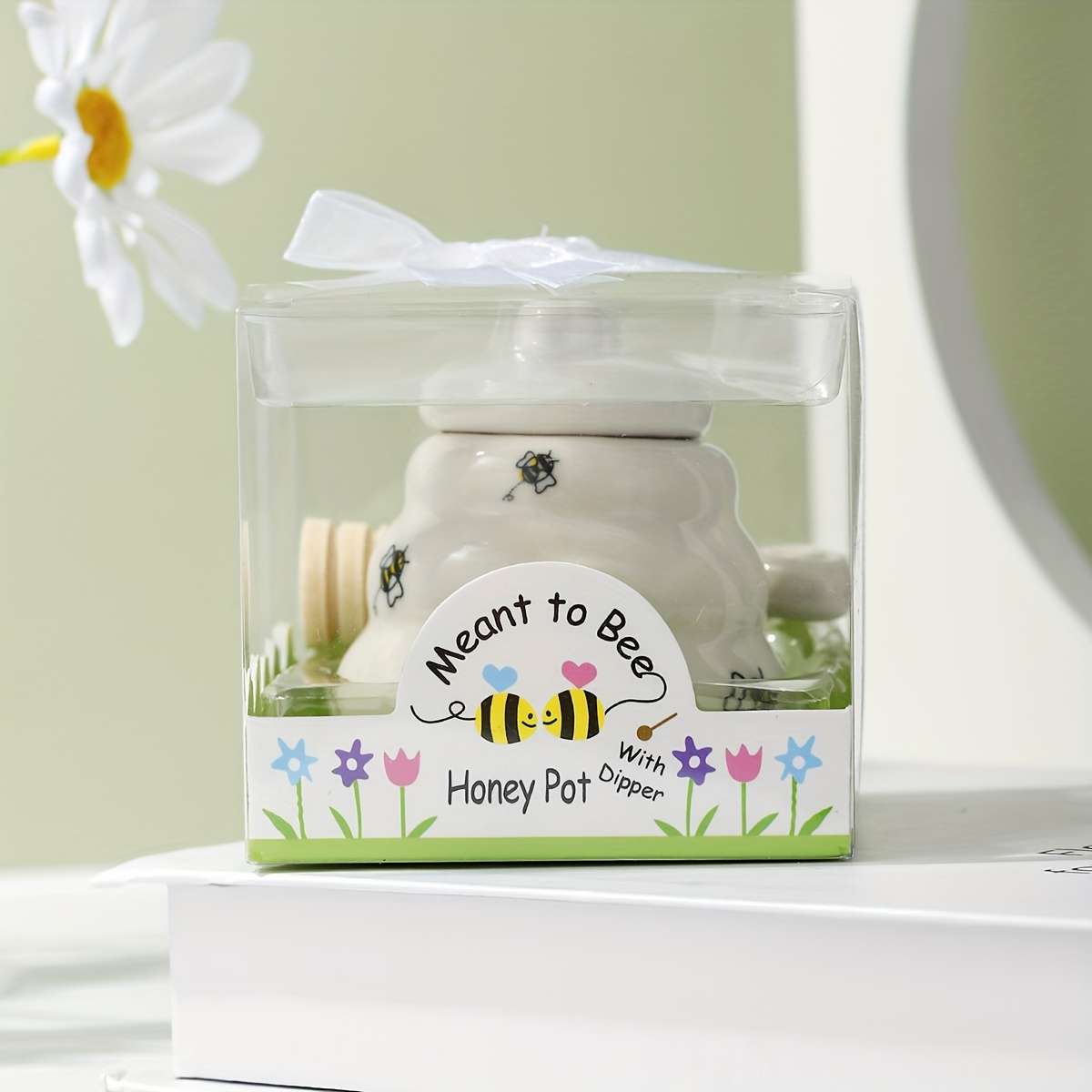 1pc Ceramic Bee Honey Pot with Handle Polished Metal Finish Square Pattern Creative Kitchen Spic