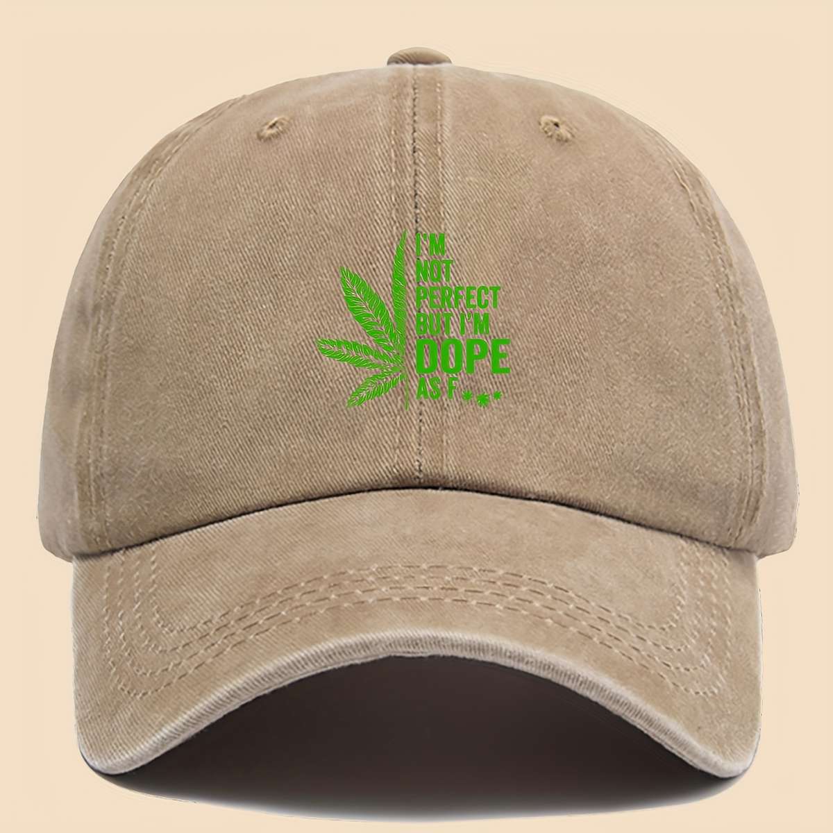 Stylish Black Baseball Cap with Green Leaf and I'M NOT PERFECT DOPPE Print Breathable
