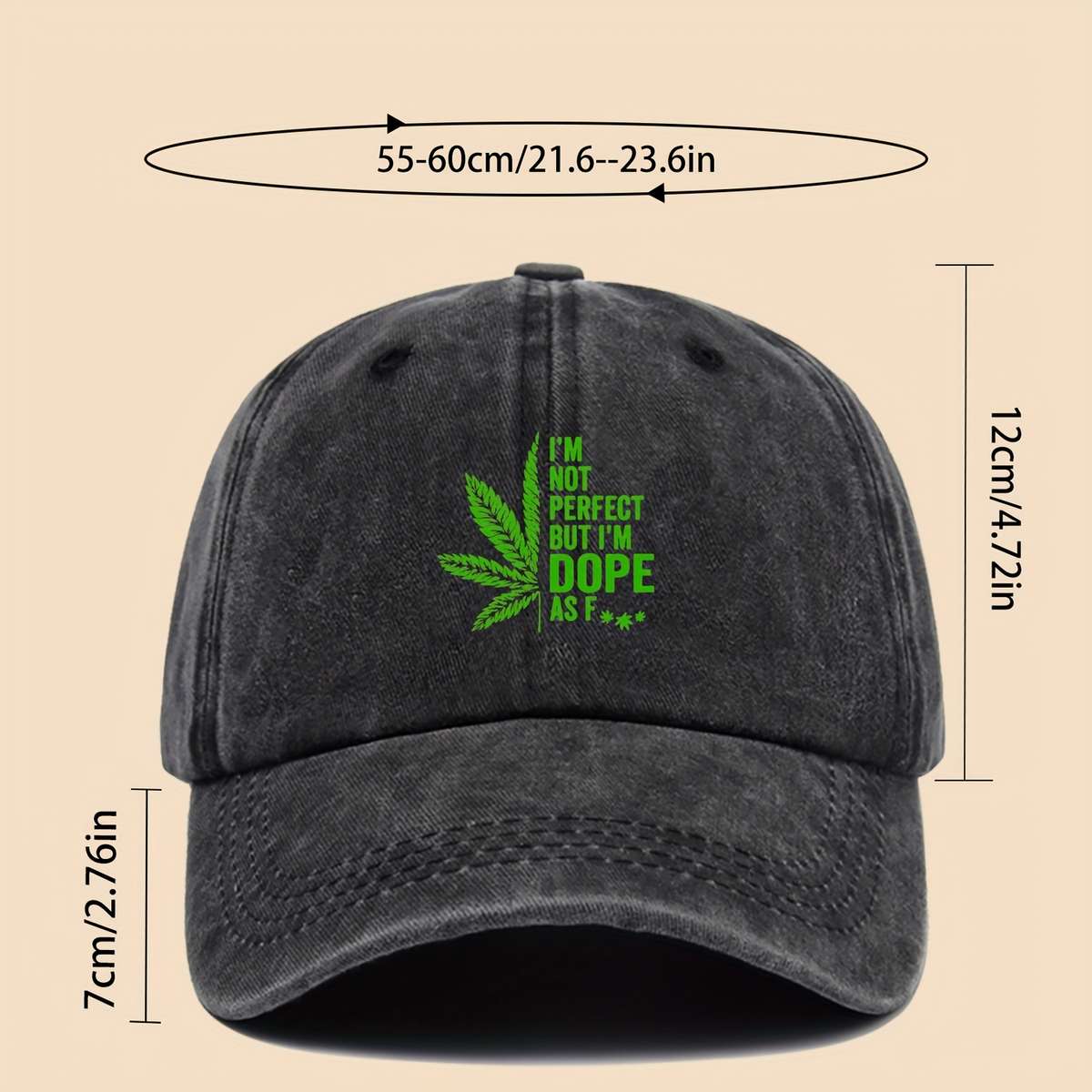 Stylish Black Baseball Cap with Green Leaf and I'M NOT PERFECT DOPPE Print Breathable