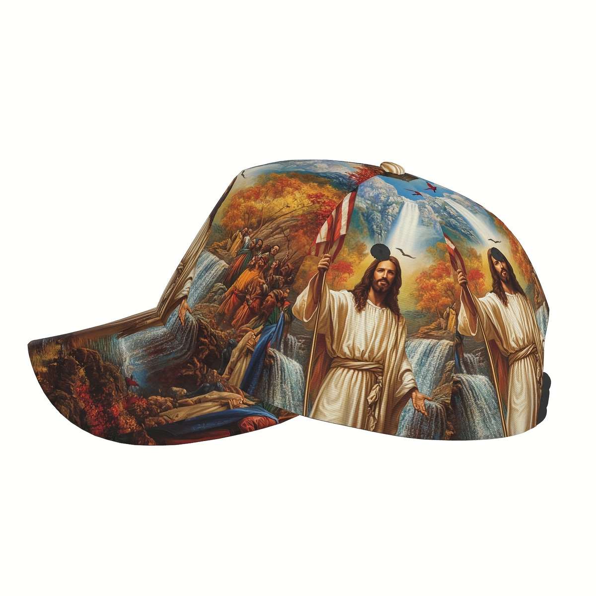Adjustable Polyester Baseball Cap Jesus and American Flag Print Curved Brim Sports Running H