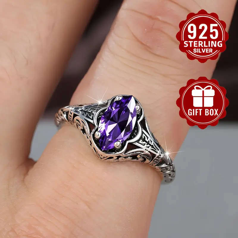 S925 Silver Vintage Elegant Marquise Cut Purple Synthetic Synthetic Zirconia Ring