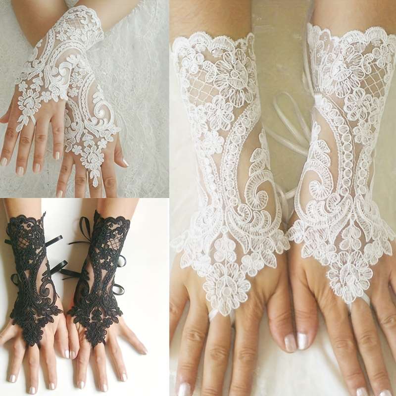 1 Pair White Bridal Lace Fingerless Gloves