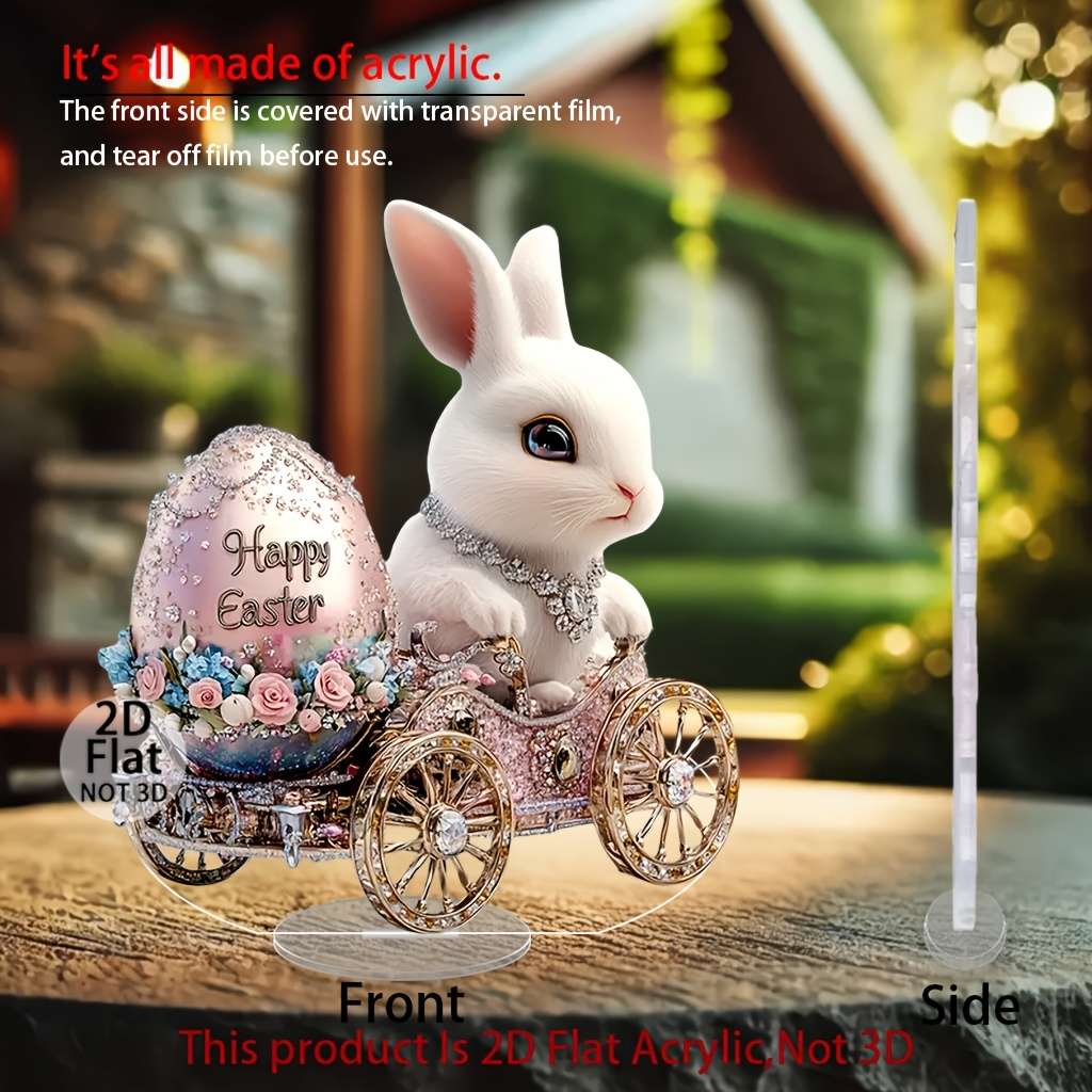 1pc 2D Flat   Easter Bunny Acrylic Ornament  Rabbit Riding Decorative Egg with Floral D