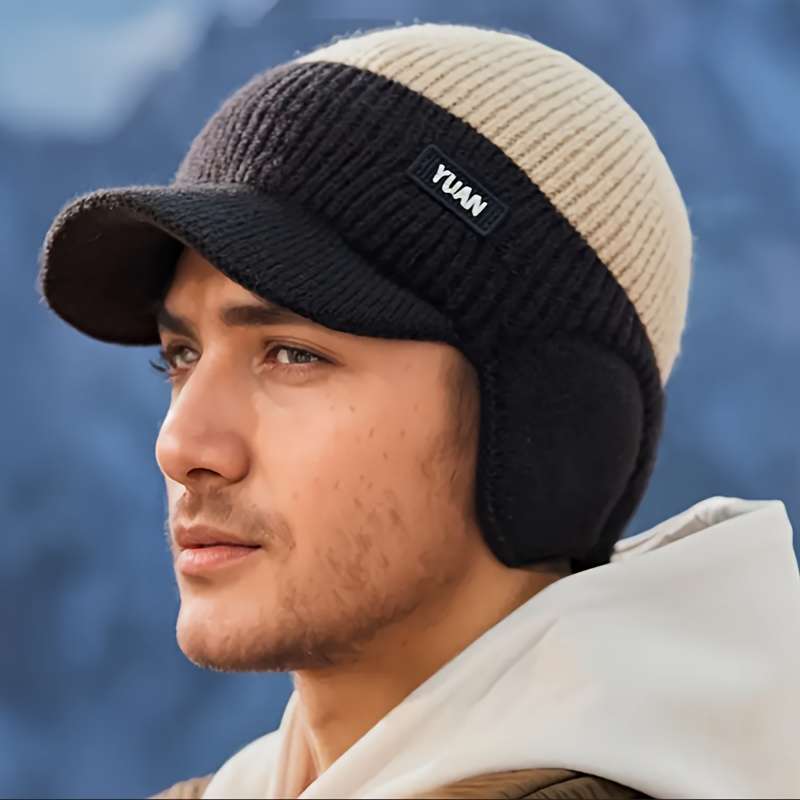 1pc Men'S Winter Ear-Protecting Knitted Cap with Fleece Warm Duckbill Hat for Outdoor Youth Cyclin