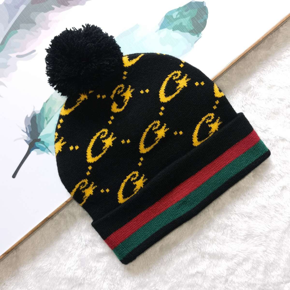 Y2K Polyester Knit Beanie Double-Sided Patterned Striped Turn-Up with Pom-Pom Unisex Fash