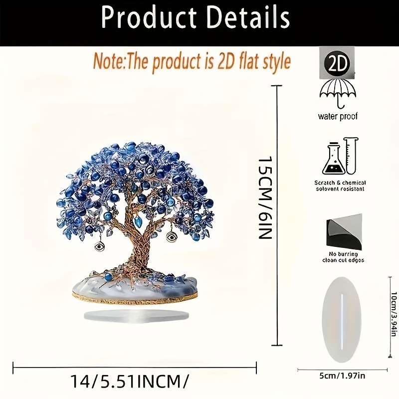 1pc 2D Flat  Elegant  Turkish Evil Eye Tree Acrylic Desktop Decor Blue Clear Beads with Golde