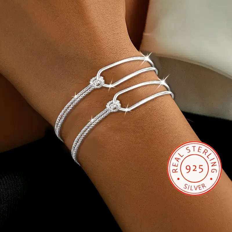 2 Piece Elegant 925 Sterling Silver Geometric Bracelet Set