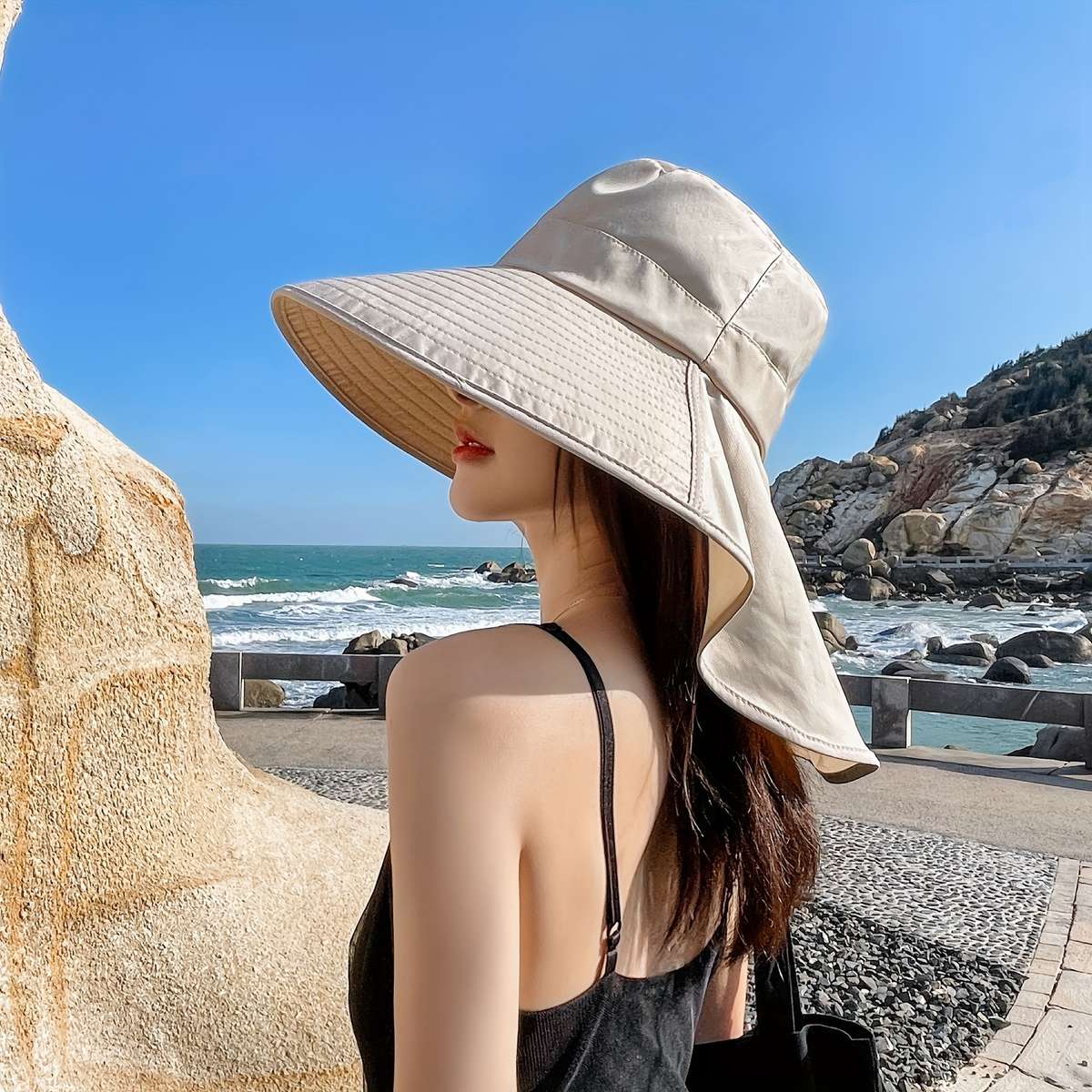 Women's Fashionable Sun Protection Bucket Hat with Ponytail Hole Breathable Polyester Adjust