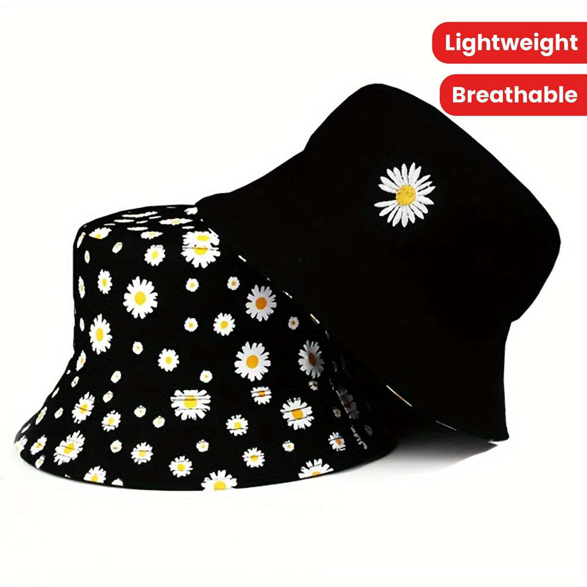1pc Daisy Graphic Reversible Bucket Hat Black Trendy Breathable Basin Hats Lightweight Sunscreen Fi